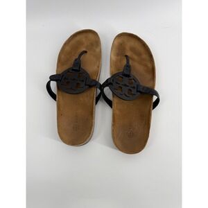 Tory Burch Miller Flip Flops Sandals Black Logo Size 9.5